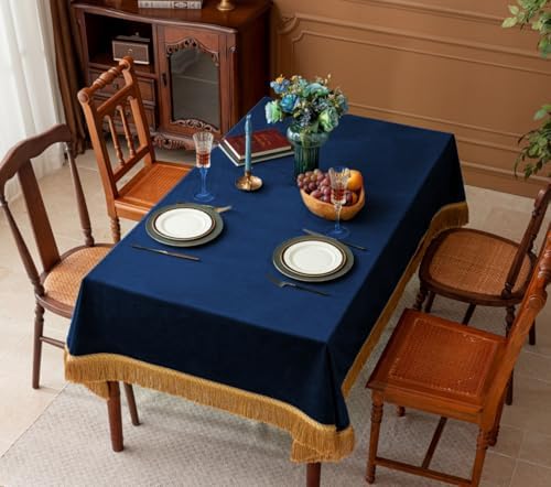 F-CHU Luxury Velvet Tablecloth with Gold Tassels 60x70-Inch