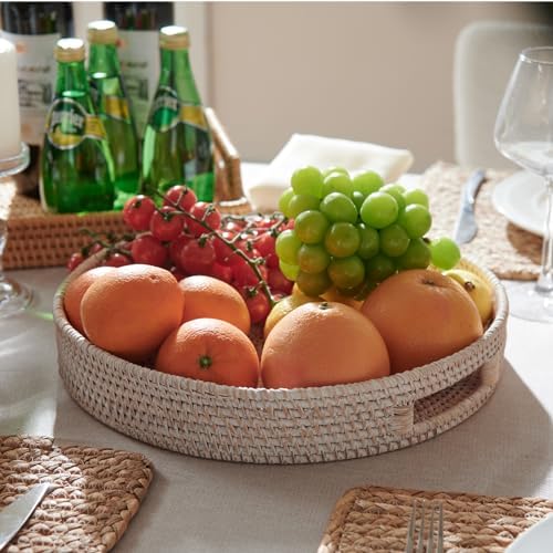 138 Inch Round Rattan Serving Tray with Handles