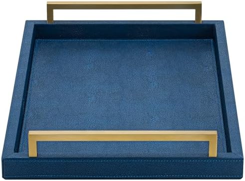 Navy Blue Shagreen Leather Serving Tray with Handles 1