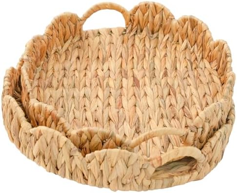 ATEDIR 2-Pack Round Wicker Serving Tray with Handles