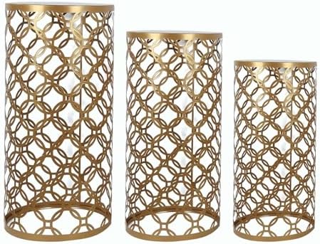 Set of 3 Gold Cylinder Cake Stands with Hollow Pattern