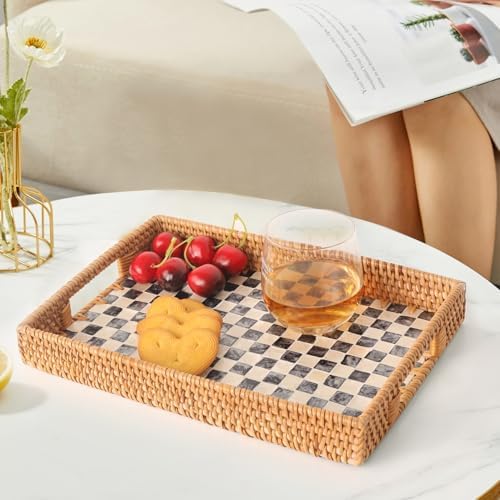 Rectangle Rattan Tray with Mother of Pearl Inlay 13x9 Black Checkerboard Pattern