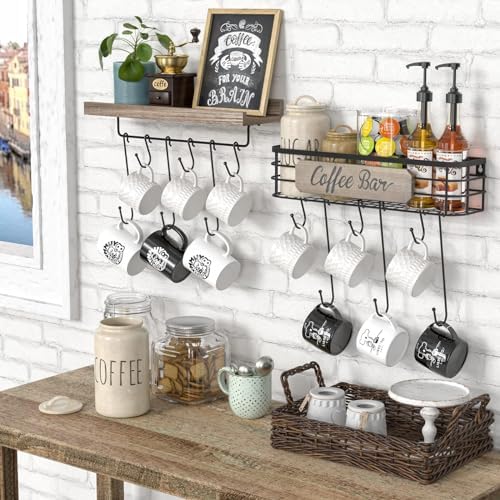Filano Coffee Mug Holder 2 Pack with 12 Hooks and Basket