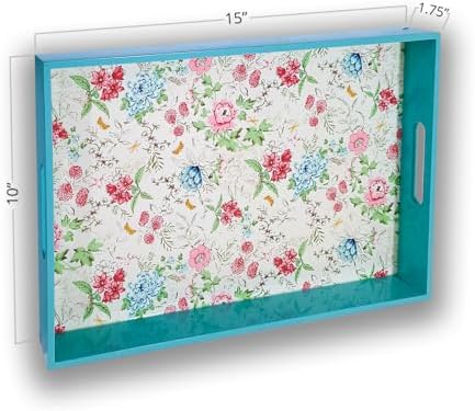 Pink Blue Floral Wooden Serving Tray with Handle