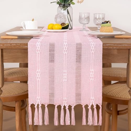 Rustic Macrame Woven Coffee Table Runner Pink