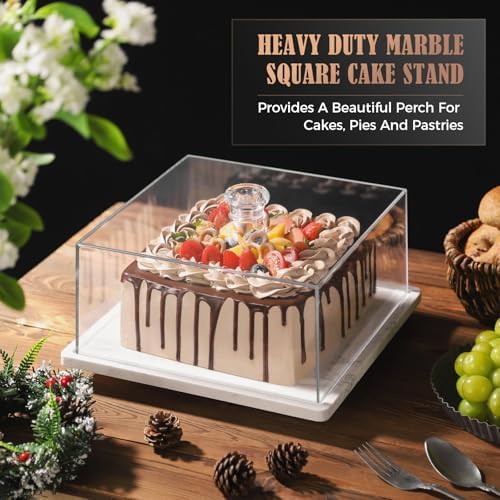 CherHome Square Cake Stand with Rotatable Marble Plate and Lid