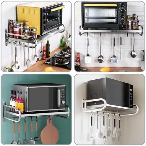 Stainless Steel Microwave Wall Mount Shelf with 6 Hooks