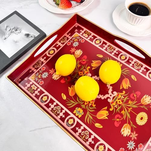 Boho Red Serving Tray with 4 Handles 15x11x19