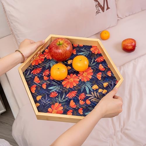 PEMAR 157 Inch Hexagonal Bamboo Serving Tray with Flowers