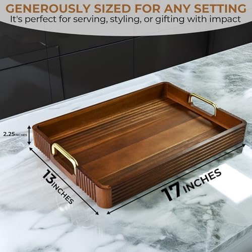 Acacia Wood Serving Tray with Metal Handles 17x12in