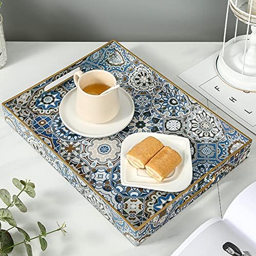Boho Serving Tray with Handles for Living Room Decor