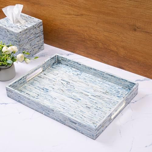 CLAYNIX 125 Inch Wooden Lacquer Serving Tray with Mother of Pearl Inlay