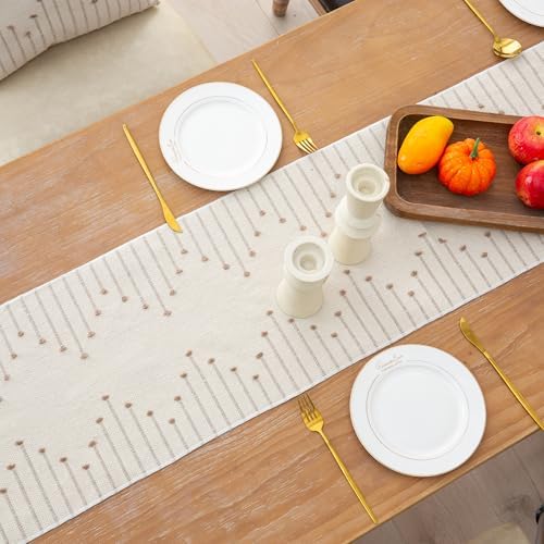 72 Inch Boho Table Runner with Tassels Beige Taupe