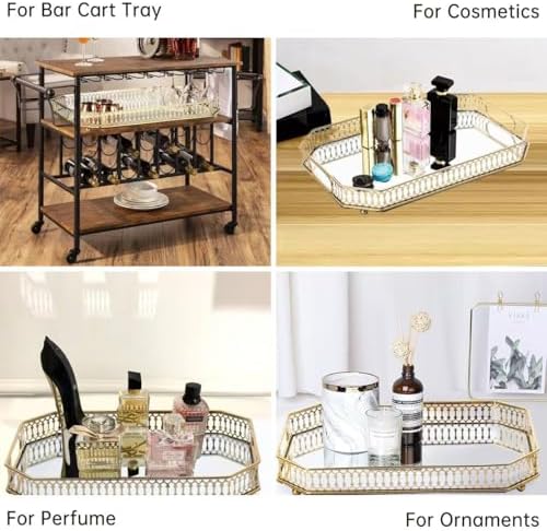 Bar Cart Tray with Gold Handles and Mirrored Surface