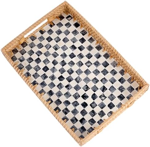 Rectangle Rattan Tray with Mother of Pearl Inlay 13x9 Black Checkerboard Pattern