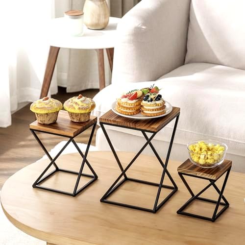 MyGift Rustic Burnt Wood Pizza Riser Stand Set