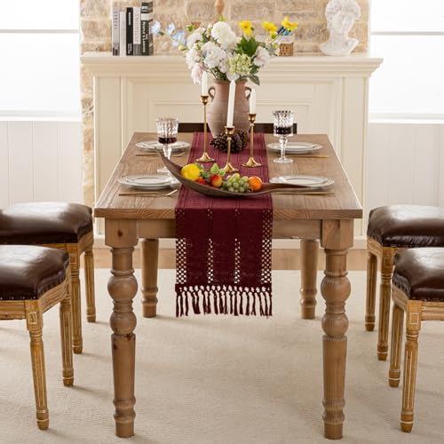 Burgundy Boho Table Runner with Tassels 12x71 Inch