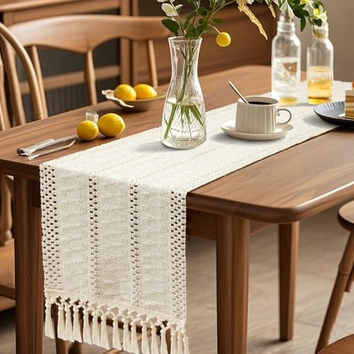 OTOSTAR Ivory Macrame Table Runner 60 Inches Long