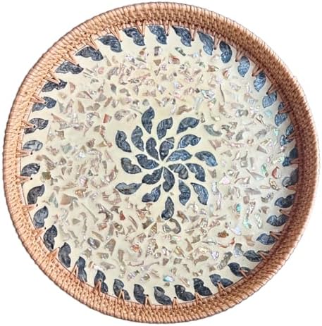 14 Inch Rattan Serving Tray with Mother of Pearl Inlay