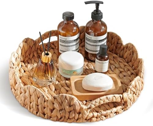Scalloped Serving Tray with Handles Wicker Rattan Decorative Round Basket