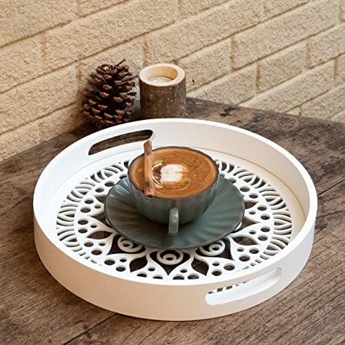 12 Inch Round Wooden Serving Tray with Handles
