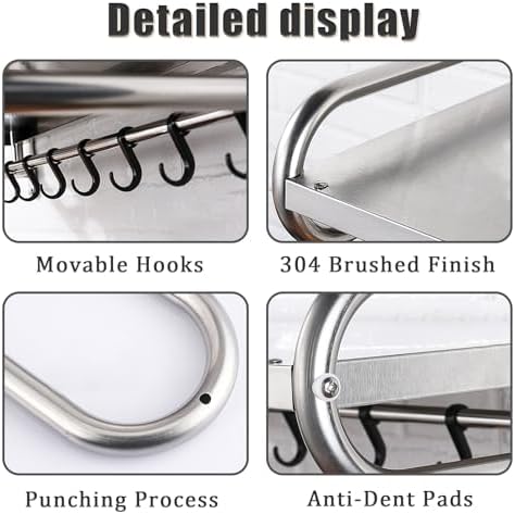 Stainless Steel Microwave Wall Mount Shelf with 6 Hooks