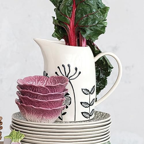 875 Inches 62 Ounce Hand Painted Stoneware Pitcher with Embossed Flowers Cream Black