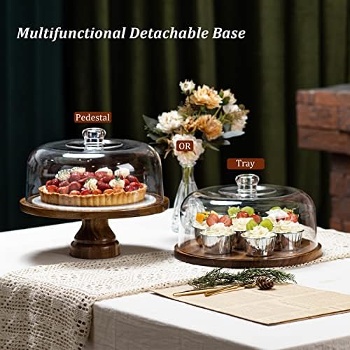 Acacia Wood Cake Stand with Acrylic Dome Lid and Footed Base