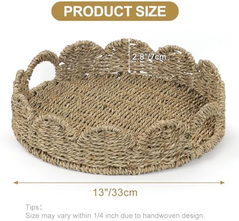 Natural Seagrass Scalloped Round Tray with Handles
