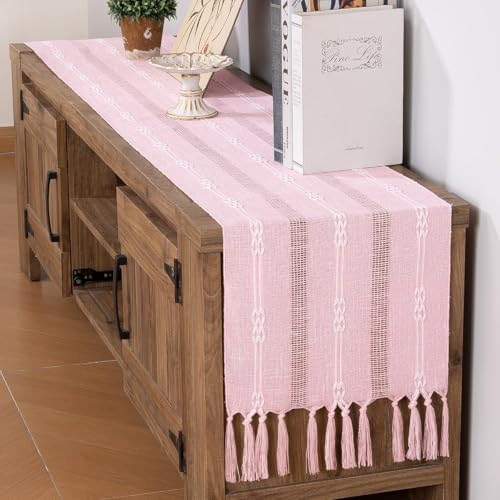 Rustic Macrame Woven Coffee Table Runner Pink