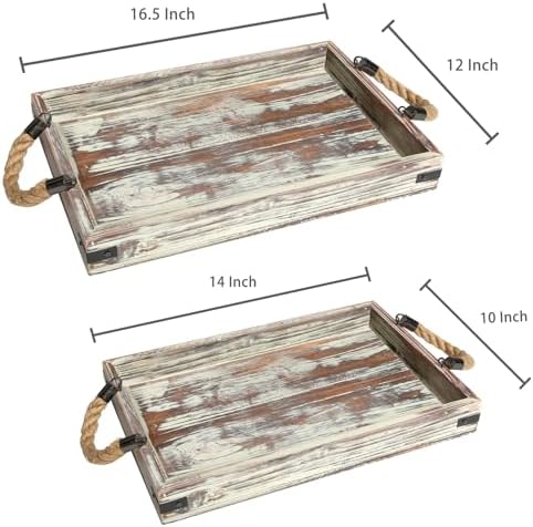 MyGift 2 Piece Rustic Torched Wood Serving Trays with Rope Handles