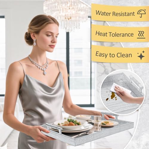 Faux Leather Serving Tray with Handles - 16x12 Inches Silver