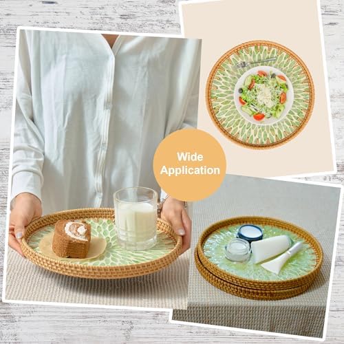 Elegant 12 Inch Rattan Serving Tray with Mother of Pearl Inlay
