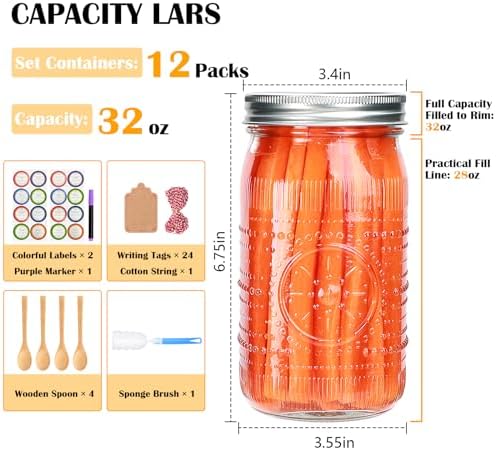 Encheng 12 Pack 32oz Wide Mouth Mason Jars with Lids and Bands