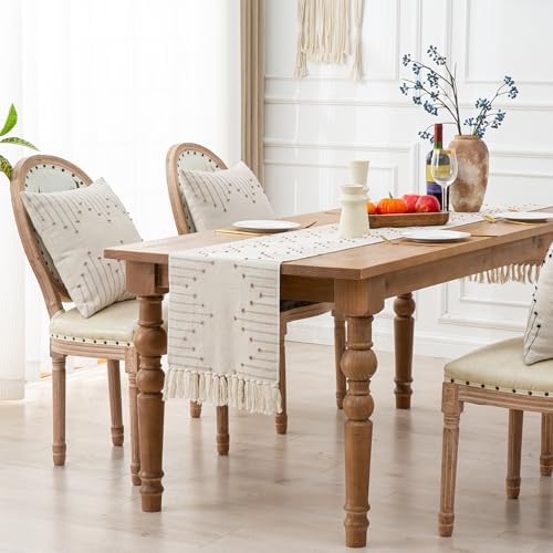 72 Inch Boho Table Runner with Tassels Beige Taupe