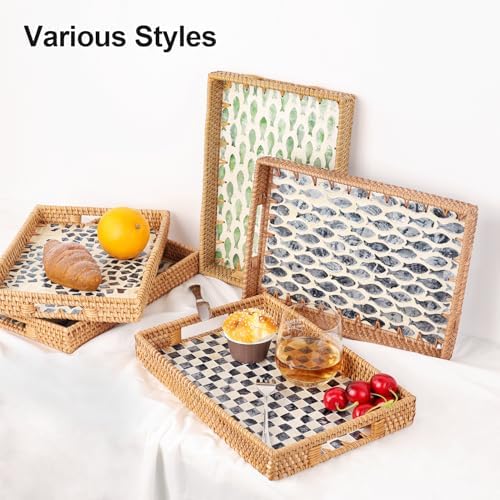 Rectangle Rattan Tray with Mother of Pearl Inlay 13x9 Black Checkerboard Pattern