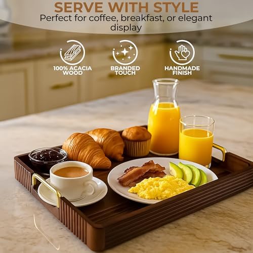 Acacia Wood Serving Tray with Metal Handles 17x12in