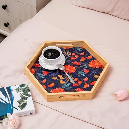 PEMAR 157 Inch Hexagonal Bamboo Serving Tray with Flowers