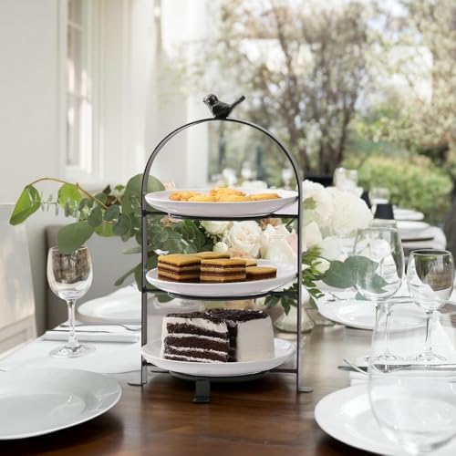 SparkWorks 3 Tiered Cake Stand with 3 White Stoneware Plates