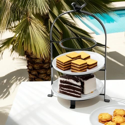 SparkWorks 3 Tiered Cake Stand with 3 White Stoneware Plates