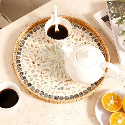 Round Rattan Tray with Mother of Pearl Inlay and Wooden Base