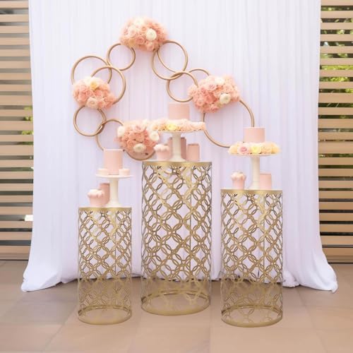 Set of 3 Gold Cylinder Cake Stands with Hollow Pattern
