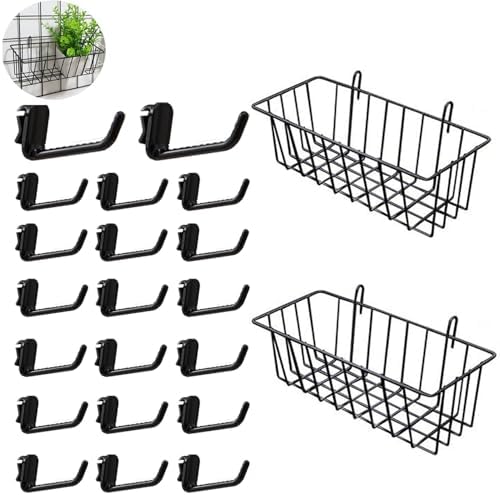2 Pack Grid Panels Hanging Wire Basket Storage with Plastic Hooks