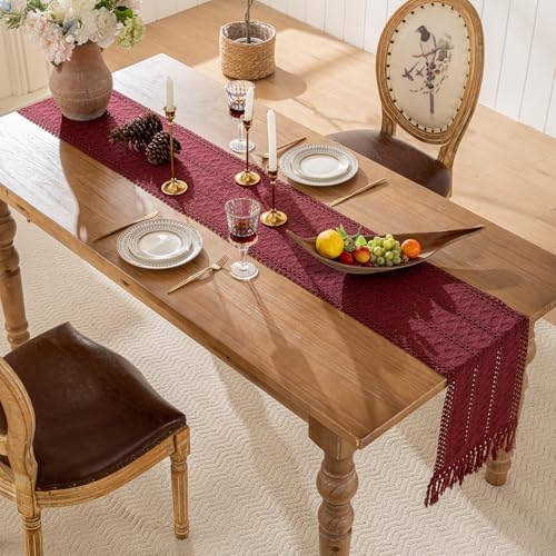 Burgundy Boho Table Runner with Tassels 12x71 Inch