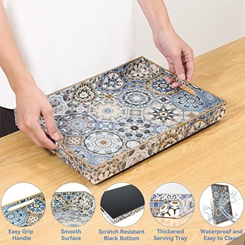 Boho Serving Tray with Handles for Living Room Decor