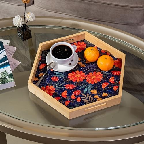 PEMAR 157 Inch Hexagonal Bamboo Serving Tray with Flowers