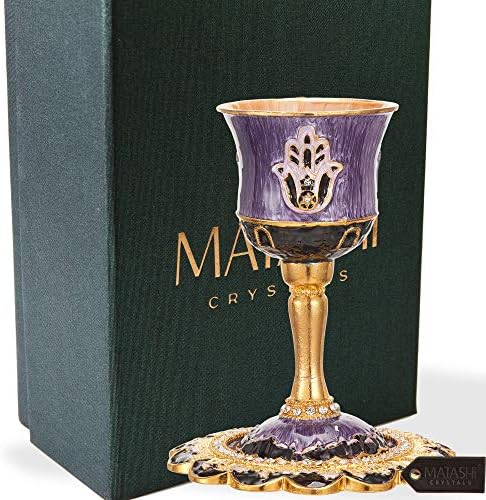 Matashi Hand-Painted Enamel Kiddush Cup Set with Stem and Tray