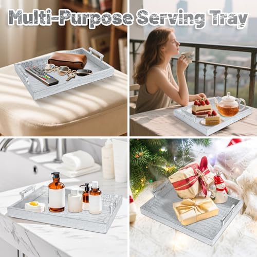 Faux Leather Serving Tray with Handles - 16x12 Inches Silver