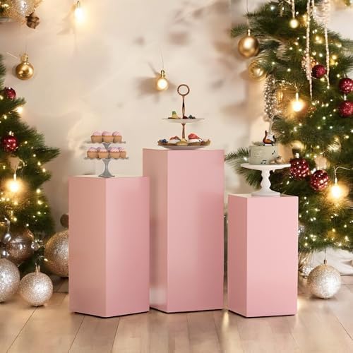3Pcs Pink Square Cylinder Pedestal Stands for Parties