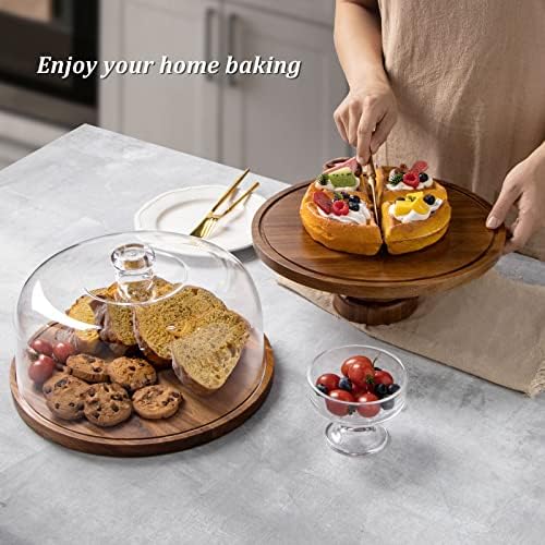 Acacia Wood Cake Stand with Acrylic Dome Lid and Footed Base